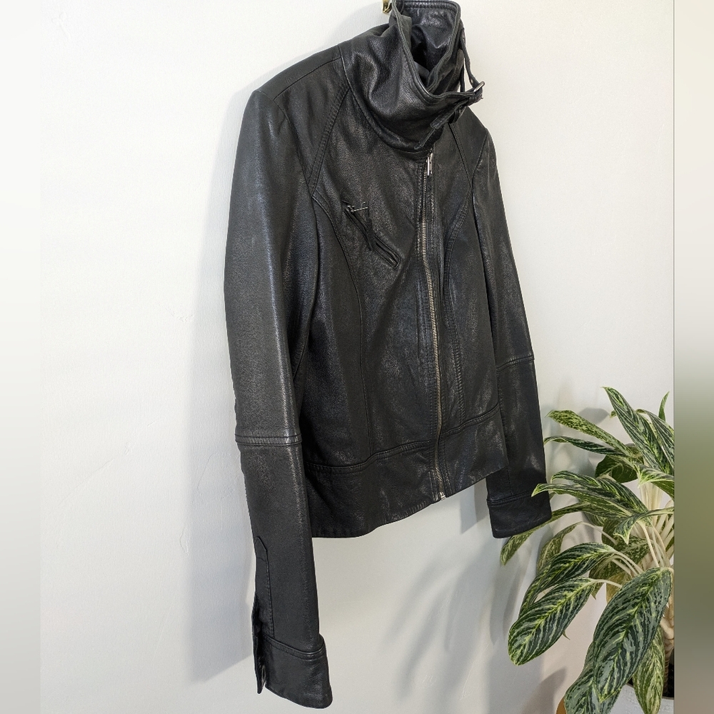 All Saints Black Leather Jacket with Buckle Collar - Picture 4 of 12